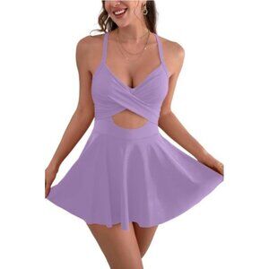 Women's One Piece Swim Dress Wrap Swimsuits Tummy Control Cutout V Neck Size L